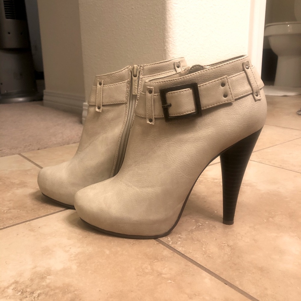 Cream Heel Booties with Buckle